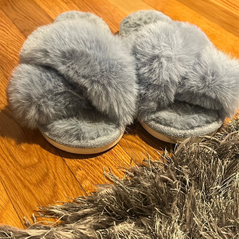 Blue fuzzy slippers